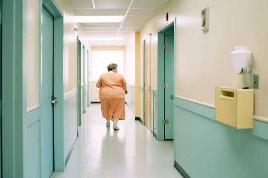 Curvy, Plus Size, Active, Big, Chubby Woman In Orange Is Walking Down Hospital Hallway. Generative AI Image.