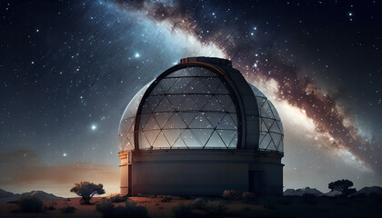 Open dome of a big telescope in an observatory in the background of the starry sky