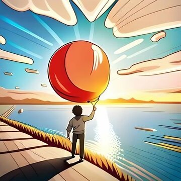 boy holding sun as a balloon, illustration