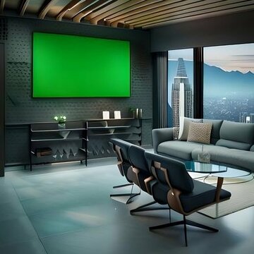green screen tv in a sky scrapper