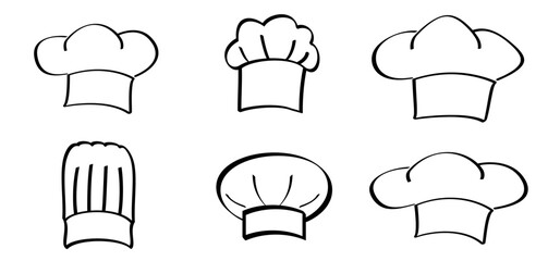 Cartoon chef's hats. Chef clothing uniform caps. Vector icon or symbol. Toque cuisine chef for kitchen. Chef hat or cap. Cook logo.