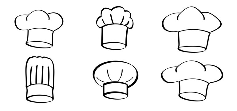 Cartoon chef's hats. Chef clothing uniform caps. Vector icon or symbol. Toque cuisine chef for kitchen. Chef hat or cap. Cook logo.