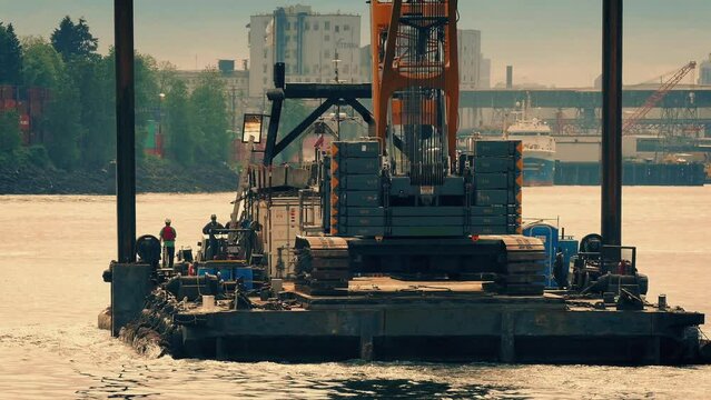 Crane Transported On Barge Heavy Industry Machines