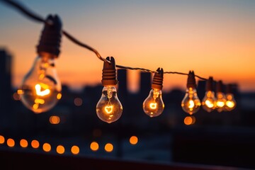 blurred bokeh light on sunset with yellow string lights decor