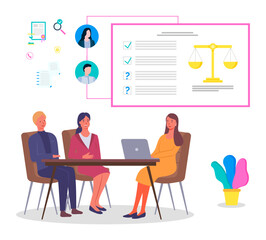 Businesswoman talking and working together in office. Partners lawyers communicating concept. Business meeting around table . Brainstorming process, team business women with laptop collaboration