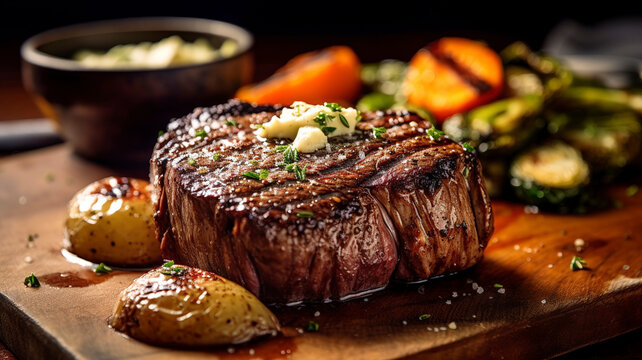 Perfectly Grilled Steak with Herb Butter and Roasted Vegetables.
