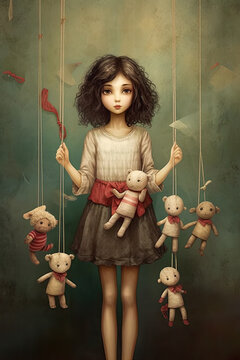 Girl surrounded by puppets on a string surrealism Generative AI