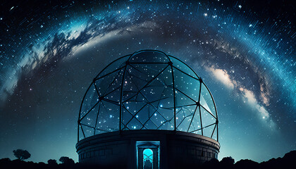 Open dome of a big telescope in an observatory in the background of the starry sky