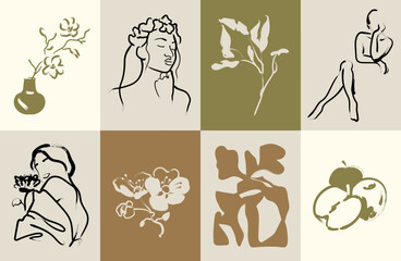Abstract boho style art prints vector illustration collection. Woman portraits and botanical sketches 