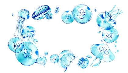 涼しげなクラゲをイメージした水彩イラストによるフレーム装飾。水中イメージ。