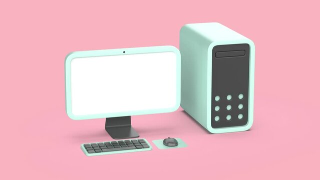 Cartoon style desktop computer with widescreen monitor, wireless keyboard and mouse on pink background