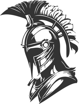 This vector illustration features a stylized Spartan warrior in full battle armor, holding a spear and shield. The Spartan is depicted in a dynamic pose, ready for combat. The image is created in a fl