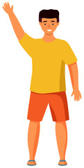 Boy putting up hand to gain attention isolated on white background. Young man dressed in summer clothes raised his hand up and waving. Boy wants to get care, child on a walk stands at full height