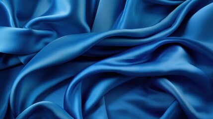 A blue silk cloth is draped over a table with soft light on it, dark blue fabric material background, Generative AI