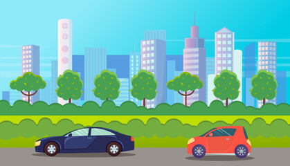 Cars drive on an asphalt road against the background of tall buildings of the city landscape. Panorama urban road summertime flat vector illustration. Road trips and freight, automobile transport