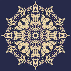 Oriental vector ornament with arabesques and floral elements. Traditional navy blue and yellow classic ornament. Vintage pattern with arabesques