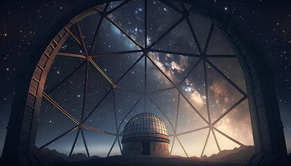 Open dome of a big telescope in an observatory in the background of the starry sky