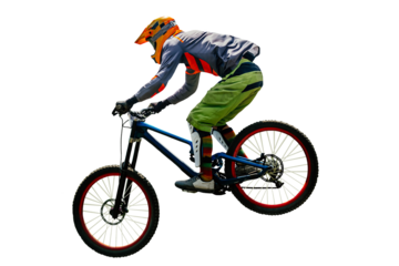 male rider on downhill bike jumping drop, racing DH mountain bike, isolated on transparent background