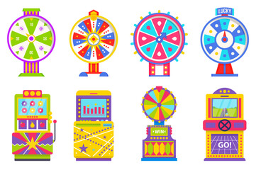 Machinery for playing and gambling vector, isolated set of game machine flat style. Arcade gambling games in casino. Fortune wheel pointing on money and reward in casino. Gaming computer machinery