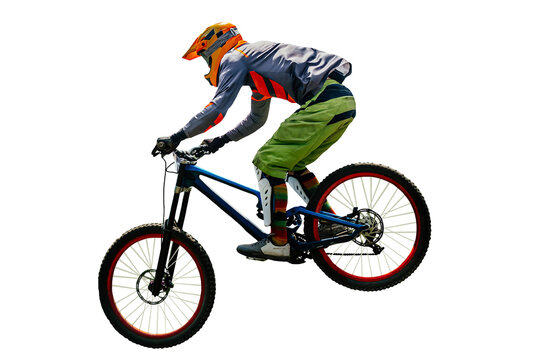 male rider on downhill bike jumping drop, racing DH mountain bike, isolated on transparent background