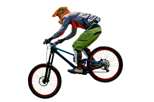 male rider on downhill bike jumping drop, racing DH mountain bike, isolated on transparent background
