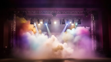 Vibrant stage in the glow of colored spotlights, with smoke adding an air of mystery and drama. The image captures the anticipation and excitement inherent in live performances. Generative AI