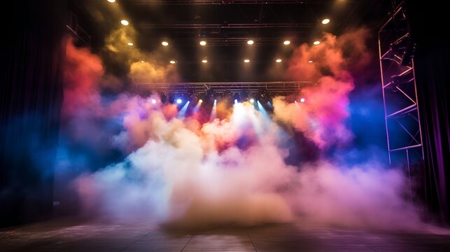 Vibrant stage in the glow of colored spotlights, with smoke adding an air of mystery and drama. The image captures the anticipation and excitement inherent in live performances. Generative AI