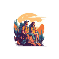illustration of Man and woman traveling in mountains and forest with backpacks cooking on fire, sitting, sleeping in tent. 