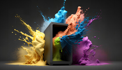 Product display podium with colorful powder paint explosion