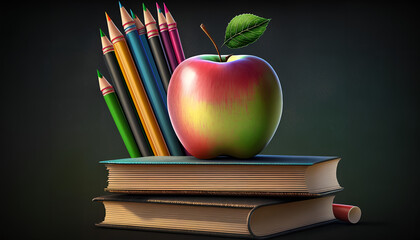 Apple On Stack Of Books With Pencils And Blank Chalkboard - Back To School