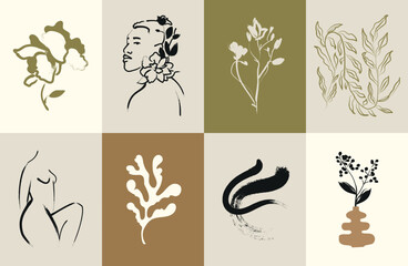 Naklejka premium Abstract boho style art prints vector illustration collection. Woman portraits and botanical sketches 