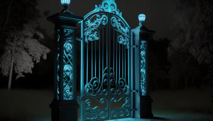 outdoor gate, silver metal, led line cyan
