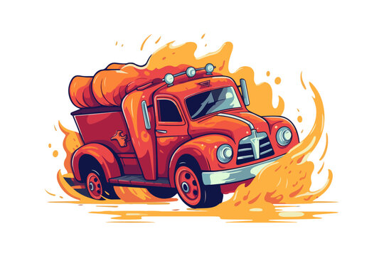 A cartoon style red truck with cargo and fire, in the style of fluid ink washes. Vector illustration.
