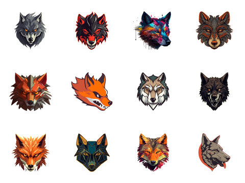 Several different wolf head illustrations on a white background. Cartoon wolf head collection. Vector illustration.