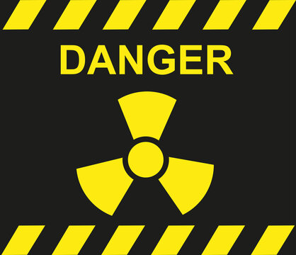 Panneau Radioactivité, radiation sur fond noir avec texte Danger	