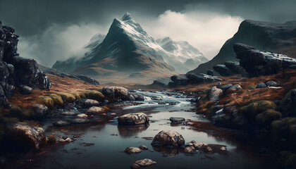 Atmospheric landscape with mountain creek among moraines in rainy weather. Bleak scenery with milky river from snowy mountains. Stones with moss and lichen in water stream. Mountain river among rocks - obrazy, fototapety, plakaty