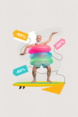 Composite collage of retired shirtless man wear triple inflatable rings dance summer discount shopping surfing isolated on grey background - obrazy, fototapety, plakaty