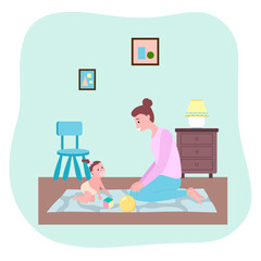Mother playing with toddler girl at carpet with ball, cube toys. Happy woman looking at her daughter. Parent and child spend time together playing games. Care of young parent. Parenting concept
