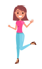 Happy girl joyfully jumping and laughing isolated on white background. Concept of happiness and fun. Young smiling woman emotion of joy, cheerful female character rejoicing bounced and waving hand