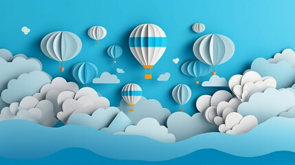 Cloudscape blue sky with clouds and sun paper art