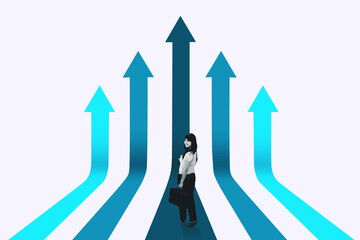 Businesswoman standing looking back with up arrows