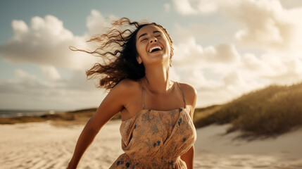 Fototapeta na wymiar A young hispanic girl wearing a stylish sundress, stands on a sandy beach - generative AI, AI generated