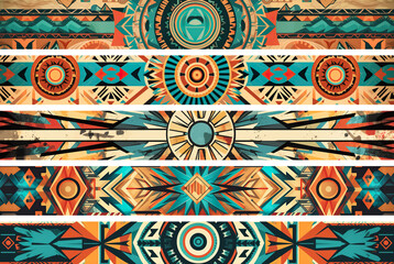 Set of colorful banners, abstract tribal design with geometric shapes. Generative AI.