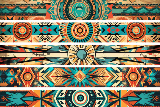 Set of colorful banners, abstract tribal design with geometric shapes. Generative AI.