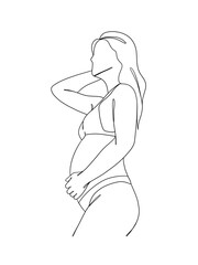 Continuous one line drawing of pregnant woman. Vector illustration.
