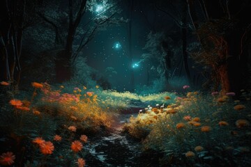 beautiful flower path at night. Generative AI