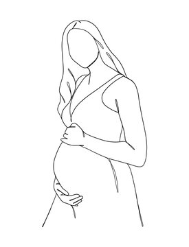 Continuous One Line Drawing Of Pregnant Woman. Vector Illustration.