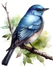 Watercolor illustration of a little bird on the branch.