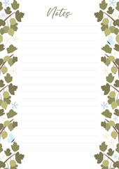 Printable notes concept with green gooseberry plant illustration, vector