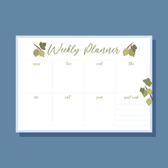Fototapeta premium Printable weekly planner concept with green gooseberry plant illustration, vector